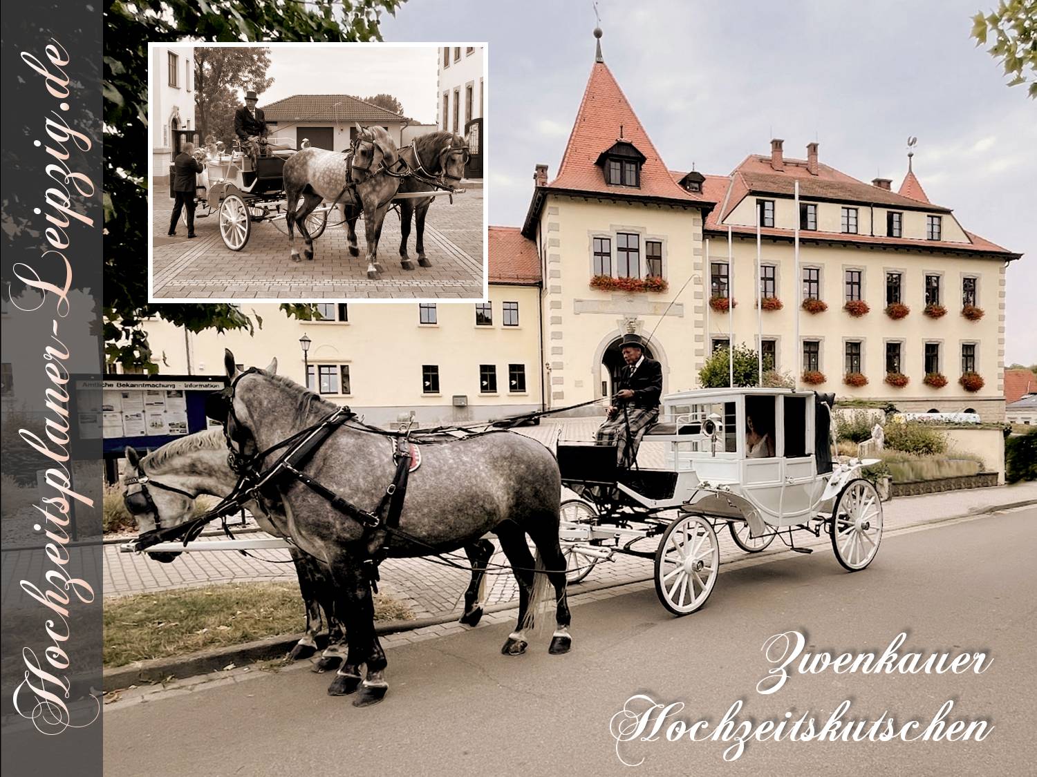 Kutschfahrt zur Hochzeit im Standesamt  Zwenkau mit wei�er Hochzeitskutsche